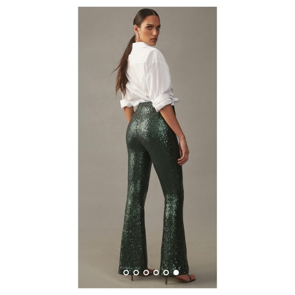 NWOT Anthropologie Joni Sequin Flare Pants in Dark Green  Size 10 - Picture 3 of 14